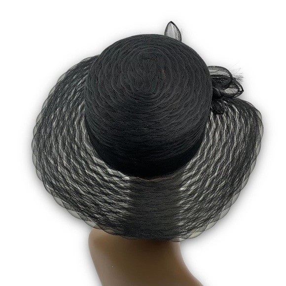 Vintage PLAZE SUITE NEW YORK glam black mesh hat with large bow - Picture 10 of 12